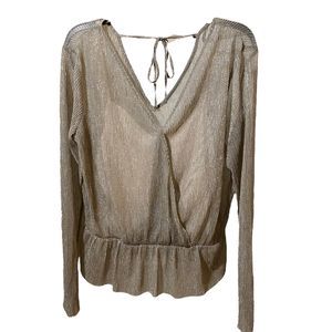 NWT BCX Long Sleeve Silvery Metallic Peplum Sheer Attached Cami Top Junior Sz L